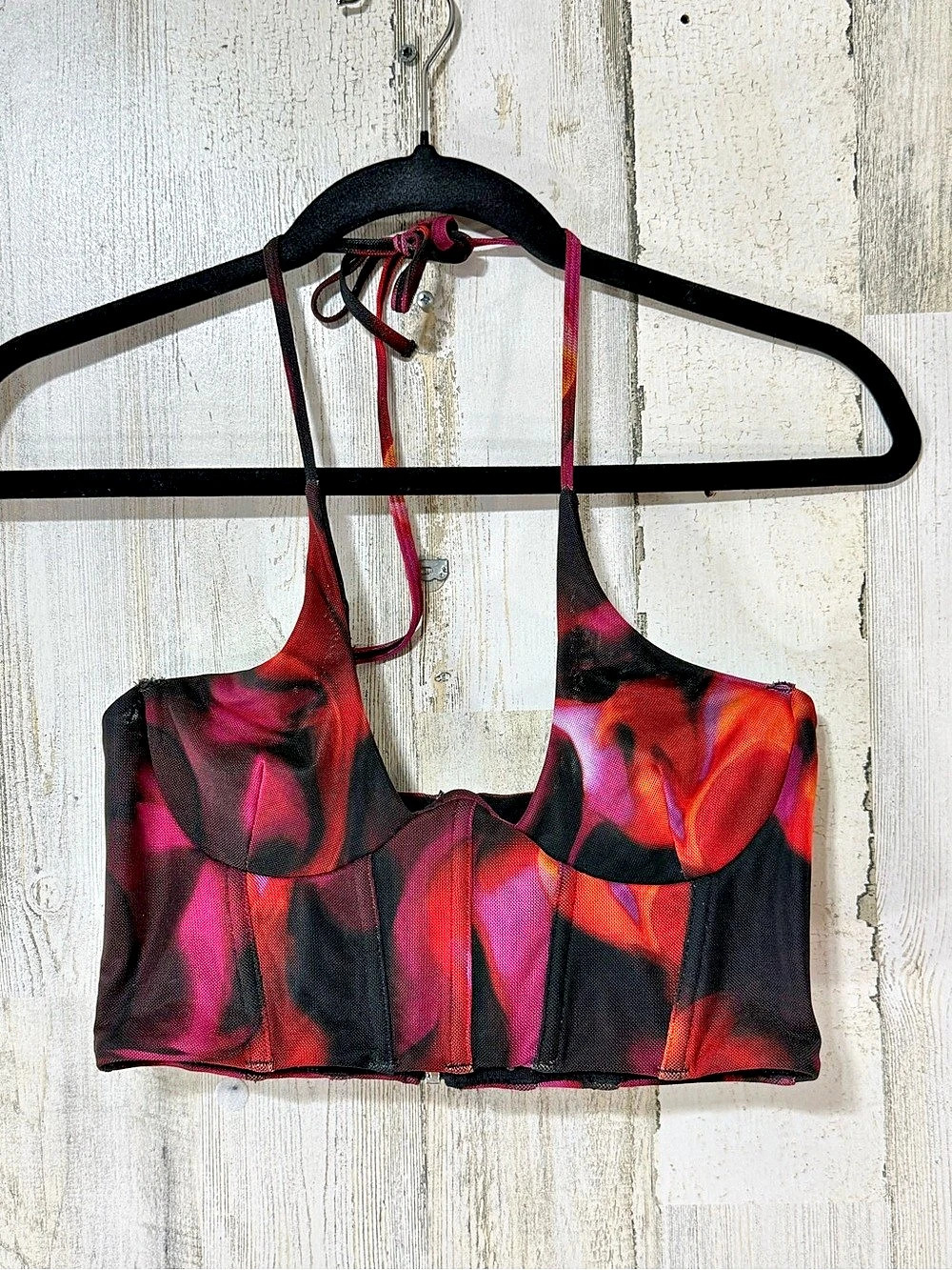 White Fox Abstract Print Halter Crop Top in Pink & Black Size Small